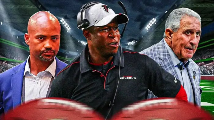 Atlanta Falcons general manager Terry Fontenot, head coach Raheem Morris and owner Arthur Blank.