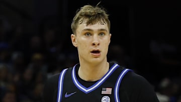 Feb 17, 2025; Charlottesville, Virginia, USA; Duke Blue Devils guard Cooper Flagg (2) stands on the court against the Virginia Cavaliers in the second half at John Paul Jones Arena. Mandatory Credit: Geoff Burke-Imagn Images