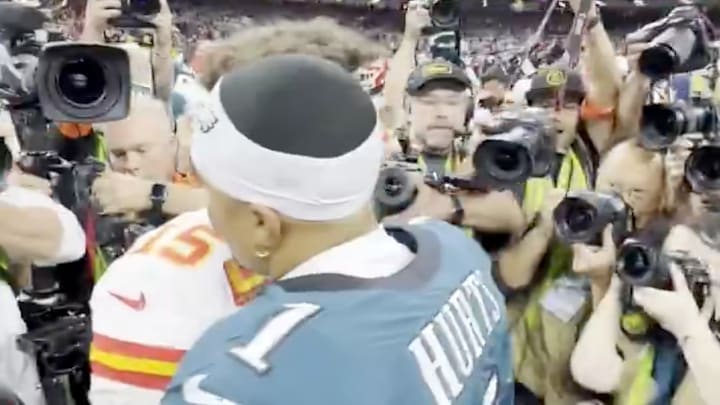 Patrick Mahomes and Jalen Hurts meet on the field after the Philadelphia Eagles beat the Kansas City Chiefs at Super Bowl LIX. Patrick Mahomes and Jalen Hurts meet on the field after the Philadelphia Eagles beat the Kansas City Chiefs at Super Bowl LIX.