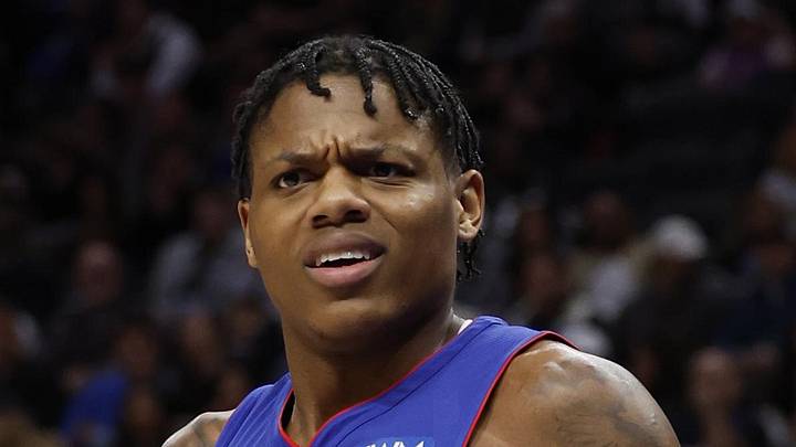 Mar 9, 2024; Detroit, Michigan, USA;  Detroit Pistons guard Marcus Sasser (25) reacts in the first half against the Dallas Mavericks at Little Caesars Arena. Mandatory Credit: Rick Osentoski-Imagn Images