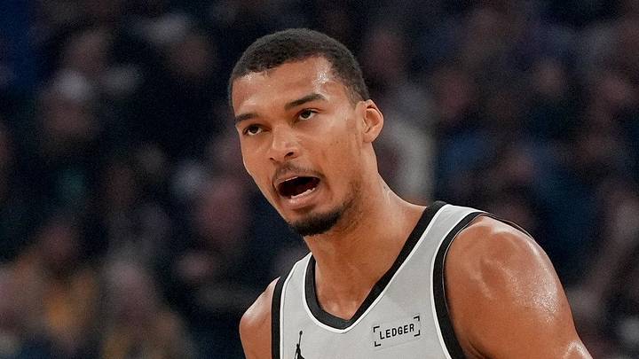 Apr 1, 2026; San Francisco, California, USA; San Antonio Spurs center Victor Wembanyama (1) reacts after the Spurs made a three point basket against the Golden State Warriors in the first quarter at the Chase Center. Mandatory Credit: Cary Edmondson-Imagn Images