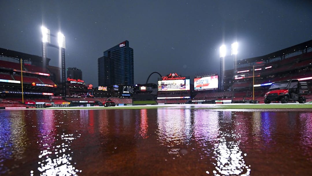 May 26, 2024; St. Louis, Missouri, USA; A general view of a flooded Busch Stadium during a weather delay before a game between the St. Louis Cardinals and the Chicago Cubs. Mandatory Credit: Jeff Curry-USA TODAY Sports