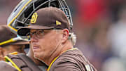 May 25, 2025; Cumberland, Georgia, USA; San Diego Padres manager Mike Shildt (8) shown on the field against the Atlanta Braves during the eighth inning at Truist Park. Mandatory Credit: Dale Zanine-Imagn Images