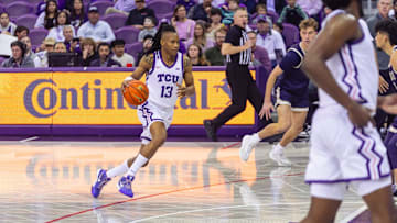 Trazarien White handles the basketball for TCU in a 82 to 48 win over Montana State on December 22, 2024.