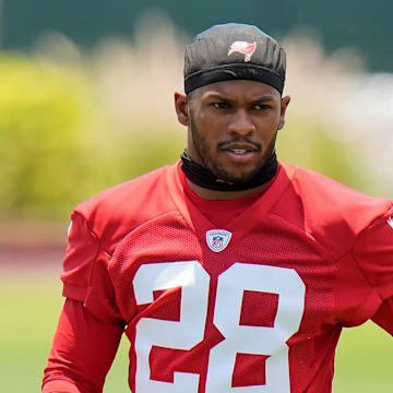 Buccaneers safety Shilo Sanders looks during rookie minicamp Friday, May 9, 2025, in Tampa, Florida.