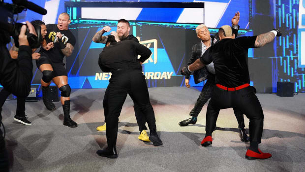 Cody Rhodes, Randy Orton, and Kevin Owens brawl with The Bloodline during the June 28, 2024 episode of WWE SmackDown.