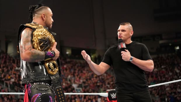 WWE World Heavyweight Champion Damian Priest in the ring with Gunther ahead of their SummerSlam 2024 title match.