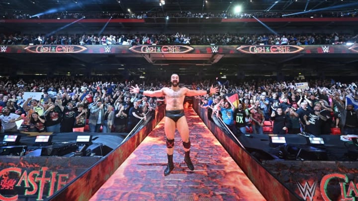 Drew McIntyre makes his entrance at WWE Clash at the Castle. Drew McIntyre makes his entrance at WWE Clash at the Castle.