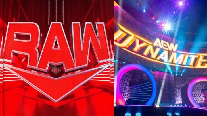 Side-by-side view of the WWE Monday Night Raw and AEW Dynamite logos.