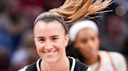 New York Liberty guard Ionescu smiles during a game against the Indiana Fever