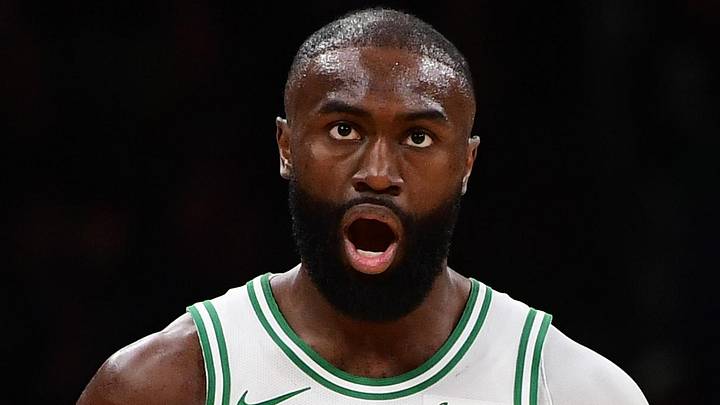 Feb 27, 2026; Boston, Massachusetts, USA; Boston Celtics guard Jaylen Brown (7) reacts after making a during the first half against the Brooklyn Nets at TD Garden. Mandatory Credit: Bob DeChiara-Imagn Images