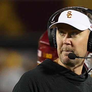 Oct 5, 2024; Minneapolis, Minnesota, USA; USC Trojans head coach Lincoln Riley looks on during the first half against the Minnesota Golden Gophers at Huntington Bank Stadium. Mandatory Credit: Matt Krohn-Imagn Images