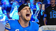 Detroit Lions defensive end Aidan Hutchinson takes the field during players introduction before the Cleveland Browns.