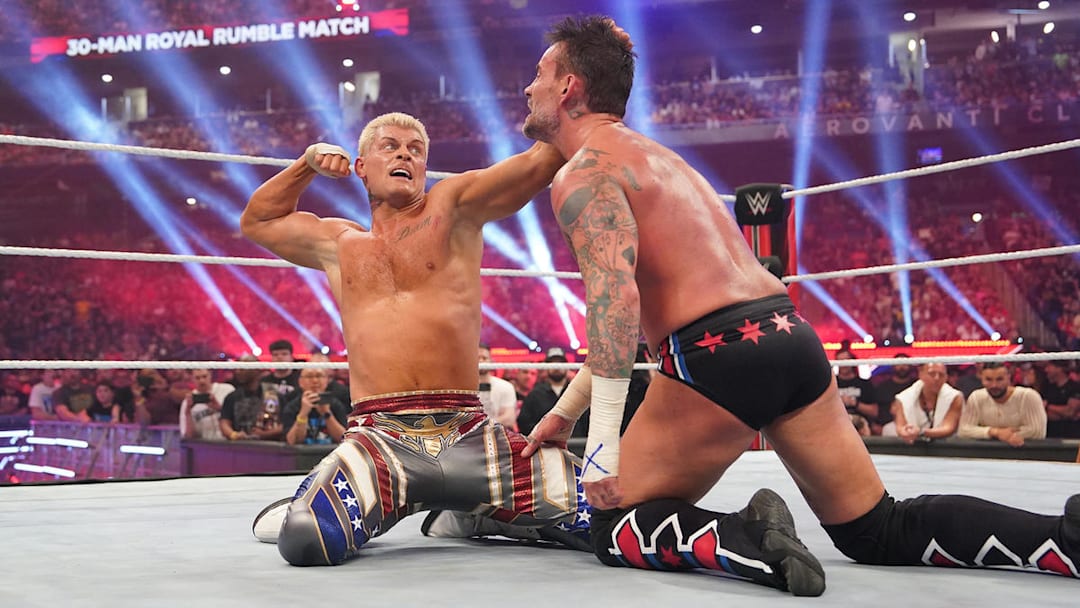 Cody Rhodes and CM Punk compete in the WWE Royal Rumble 2024.