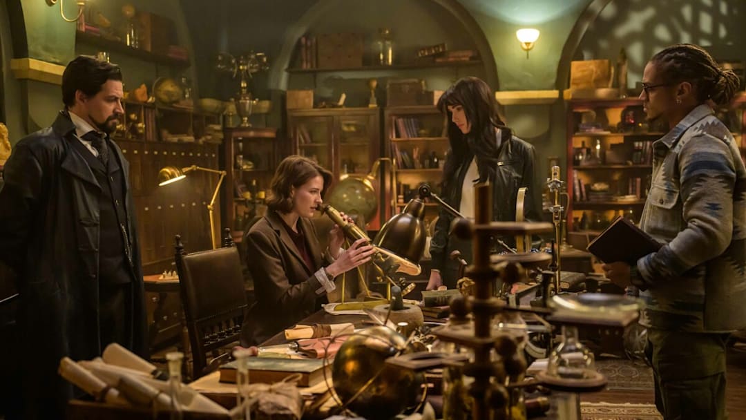 The Librarians: The Next Chapter -- Image Number: LIB102_0209r -- Pictured (L-R): Callum McGowan as Vikram Chamberlain, Olivia Morris as Lysa Pascal, Jessica Green as Charlie Cornwall, and Bluey Robinson as Connor Green -- Photo: Aleksandar Letic/The CW -- © 2024 The CW Network, LLC. All Rights Reserved.