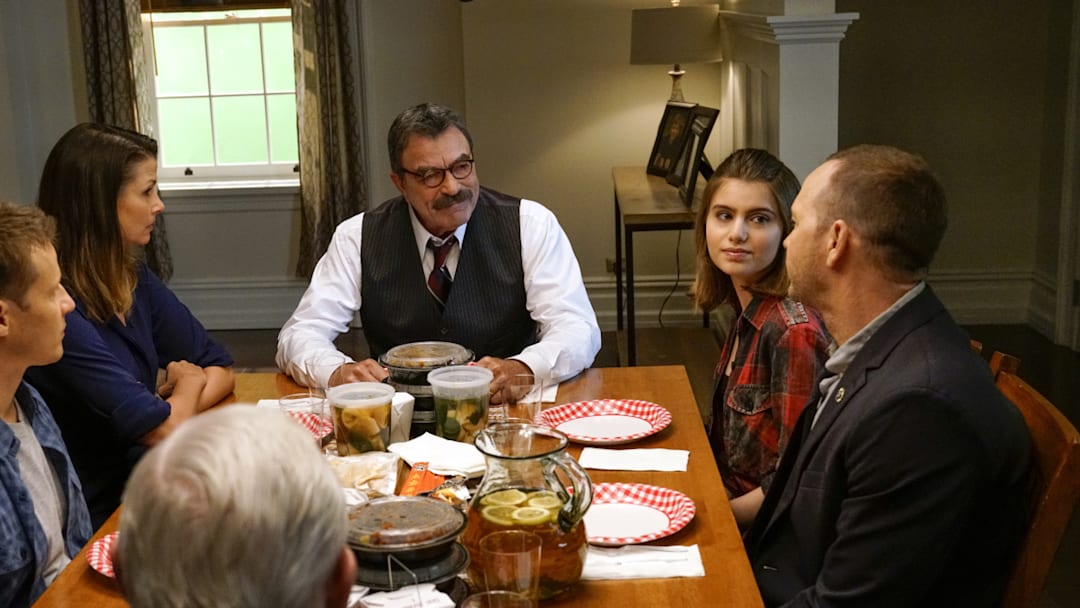 "Cutting Losses" -- Danny contemplates retiring until Erin enlists him to help her with a case involving her ex-husband, Jack (Peter Hermann). Also, Jamie and Eddie go undercover as a couple, and Frank butts heads with the new mayor of New York City, Margaret Dutton (Lorraine Bracco), on the eighth season premiere of BLUE BLOODS, Friday, Sept. 29 (10:00-11:00 PM, ET/PT) on the CBS Television Network. Pictured: Will Estes, Bridget Moynihan, Tom Selleck, Sami Gayle, Donnie Wahlberg, Len Cariou.