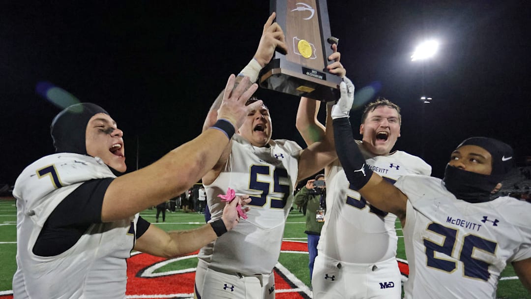 Bishop McDevitt celebrates its Pennsylvania high school football state championship win in 2023.