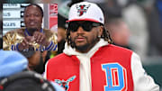 Jan 12, 2025; Philadelphia, Pennsylvania, USA; Former Philadelphia Eagles and current Delaware State head coach DeSean Jackson on the sidelines against the Green Bay Packers in an NFC wild card game at Lincoln Financial Field. 