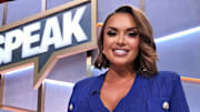 Fox Sports 1 host Joy Taylor seen smiling on the set of Speak For Yourself