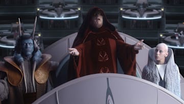 Star Wars: Episode III - Revenge of the Sith. Palpatine declares himself Emperor alongside Mas Amedda and Sly Moore. Image Credit: StarWars.com