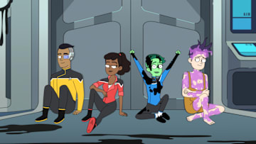 "Second Contact" -- Pictured (L-R) Eugene Cordero as Ensign Rutherford, Tawny Newsome as Ensign Beckett Mariner, Nol Wells as Ensign Tendi and Jack Quaid as Ensign Brad Boimler of the CBS All Access series STAR TREK: LOWER DECKS. Photo Cr: Best Possible Screen Grab CBS 2020 CBS Interactive, Inc. All Rights Reserved.
