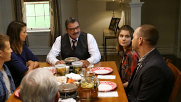 "Cutting Losses" -- Danny contemplates retiring until Erin enlists him to help her with a case involving her ex-husband, Jack (Peter Hermann). Also, Jamie and Eddie go undercover as a couple, and Frank butts heads with the new mayor of New York City, Margaret Dutton (Lorraine Bracco), on the eighth season premiere of BLUE BLOODS, Friday, Sept. 29 (10:00-11:00 PM, ET/PT) on the CBS Television Network. Pictured: Will Estes, Bridget Moynihan, Tom Selleck, Sami Gayle, Donnie Wahlberg, Len Cariou.