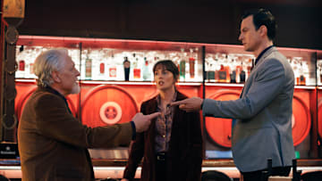 Good Cop/Bad Cop -- “The King's Assassin” -- Image Number: GBC102_0233r -- Pictured (L-R): Clancy Brown as Big Hank, Leighton Meester as Lou, and Luke Cook as Henry -- Photo: Vince Valitutti/Future Shack Entertainment -- © 2025 Future Shack Entertainment. All Rights Reserved.
