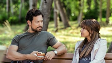 Wild Cards -- “Howl to Get Away with Murder” -- Image Number: WCD103a_0042r -- Pictured (L-R) : Giacomo Gianniotti as Ellis and Vanessa Morgan as Max -- Photo Credit: Ed Araquel/The CW -- © 2023 The CW Network, LLC. All Rights Reserved.