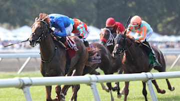 Tom's Magic rolls home in the Tale of the Cat Stakes at Monmouth Park on June 28, 2025