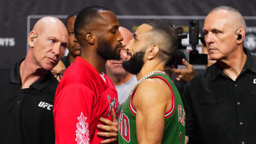 Leon Edwards and Belal Muhammad stare down before their UFC 304 title fight.