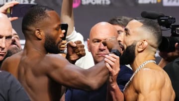 UFC Welterweight Champion Leon Edwards and Belal Muhammad stare down at the UFC 304 ceremonial weigh-ins.