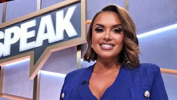 Fox Sports 1 host Joy Taylor seen smiling on the set of Speak For Yourself