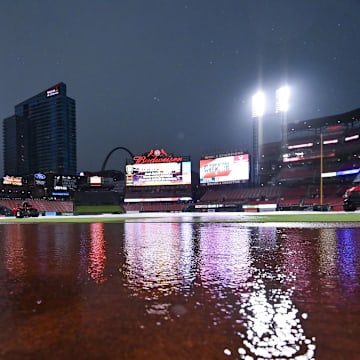May 26, 2024; St. Louis, Missouri, USA; A general view of a flooded Busch Stadium during a weather delay before a game between the St. Louis Cardinals and the Chicago Cubs. Mandatory Credit: Jeff Curry-USA TODAY Sports