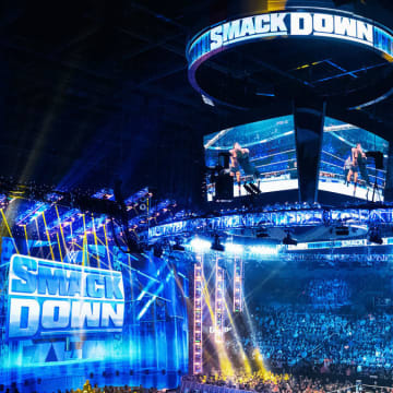 A look at the WWE Friday Night SmackDown arena during a match.