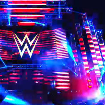 The WWE stage lights up during a live show.