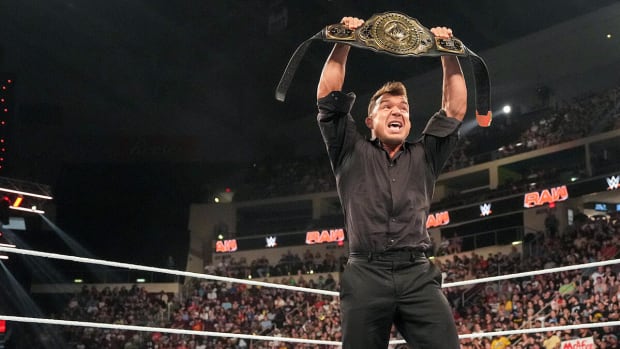 Chad Gable holds up Sami Zayn's WWE Intercontinental Championship during the June 3, 2024 episode of Monday Night Raw.