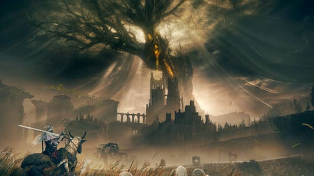 A knight stands in a field with ghostly gravestones as a giant black tree looms in the distance in Elden Ring DLC.