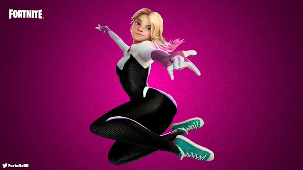 Fortnite Spider-Gwen  jumping in the air with her arm out on a dark pink background.