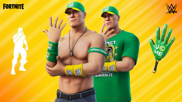 Two versions of the John Cena Fortnite skin, one with a shirt, one with out, doing his "You can't see me" taunt.