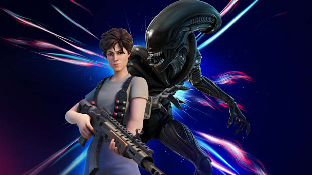 Ripley from Alien holding a gun with a Xenomorph standing behind her.