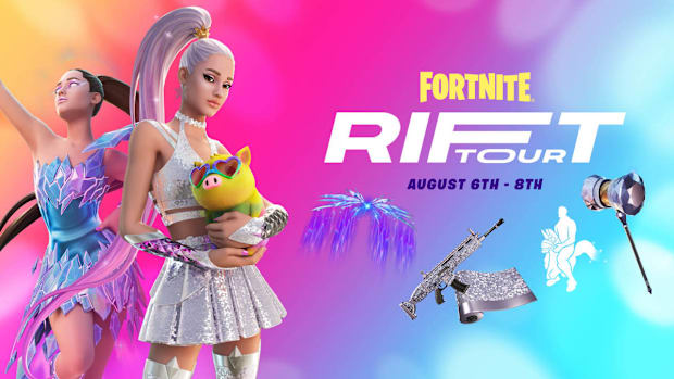 Two variants on the Ariana Grande Fortnite skin, one with pink hair, one brown. It also promotes the Fortnite Rift Tour.