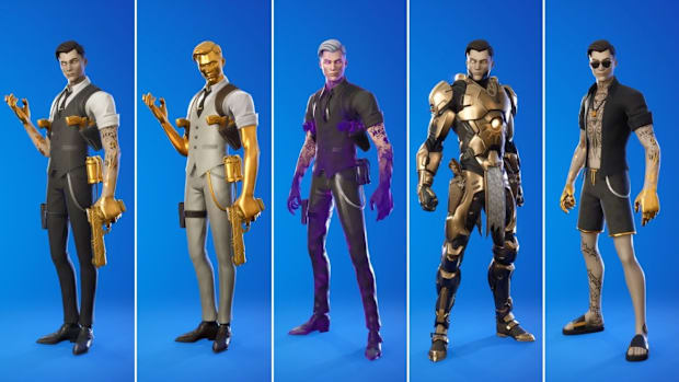 Five variations on the Midas Fortnite skin. A man in a white undershirt with a black tie and waistcoat with golden accesories