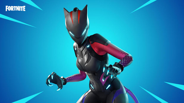 Fortnite Lynx skin. A woman in a mecha bodysuit designed to resemble a black cat.