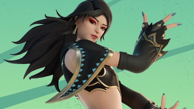 Fortnite Era skin. Woman with long black hair and red eye shadow with black and gold clothing on the top half of her torso.