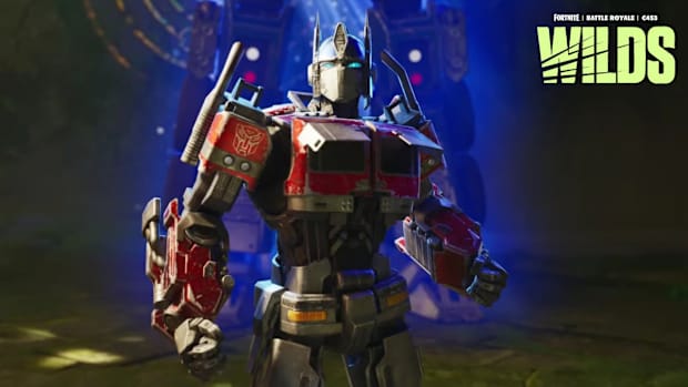 Fortnite Optimus Prime skin. Optimus Prime stood in the ruins of a jungle temple.