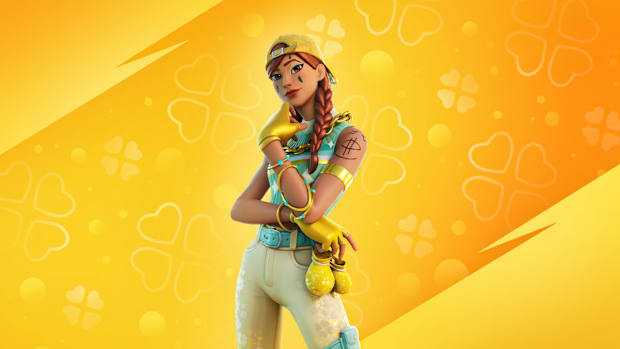 Fortnite Aura skin. A woman with platted ginger hair wearing a mint-green top and yellow baseball cap backwards.