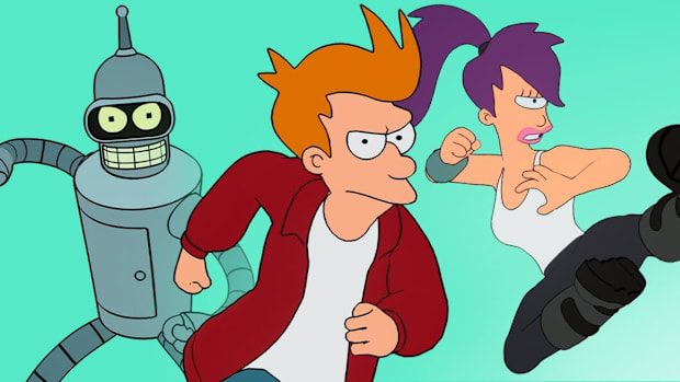 Fortnite skins of Fry, Leela, and Bender from Futurama. Fry is running, Leela is doing a jump-kick, Bender is posed to fight.