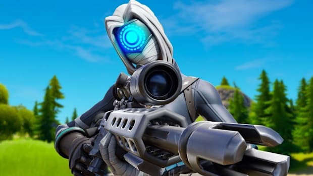 Fortnite Focus skin. A woman with white hair, an electronic mask over her eyes, and bandages over her mouth, holding a gun.