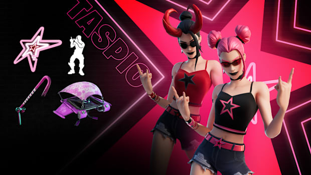 Two versions of the Surf Witch Fortnite skin. One with pink hair and a black top, the other with black hair and a red top.