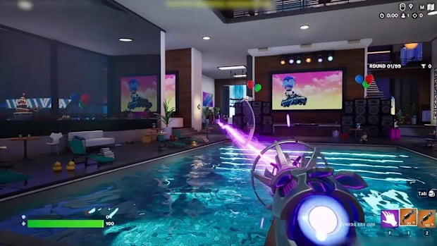 Fortnite screenshot. Firing a laser gun across an indoor pool in first-person